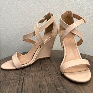 LC Lauren Conrad Nude Patent Crisscross Wedge Sandals